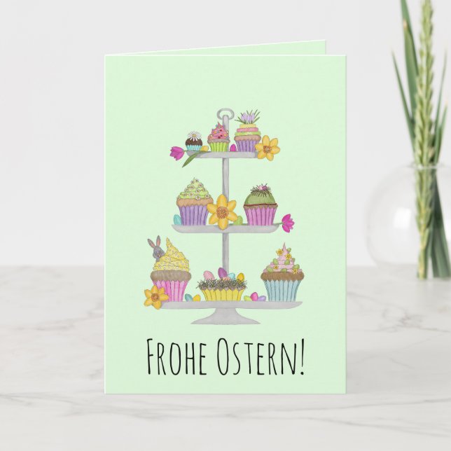 Tarjeta Festiva Frohe Ostern German Cupcakes con acuarela de Pascu (Anverso)