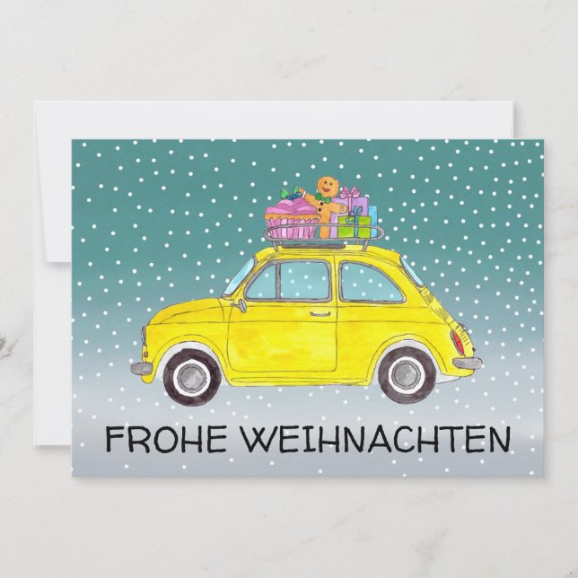 Tarjeta Festiva Frohe Weihnachten Navidades alemanes Fiat 500 (Anverso)