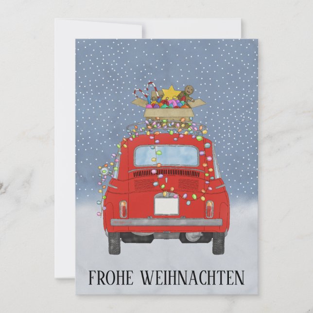 Tarjeta Festiva Frohe Weihnachten Navidades alemanes Red Fiat 500 (Anverso)
