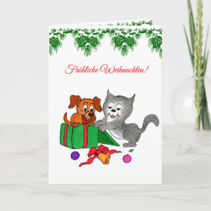 Tarjeta Festiva Fröhliche Weihnachten, Hund Katze auf Deutsch