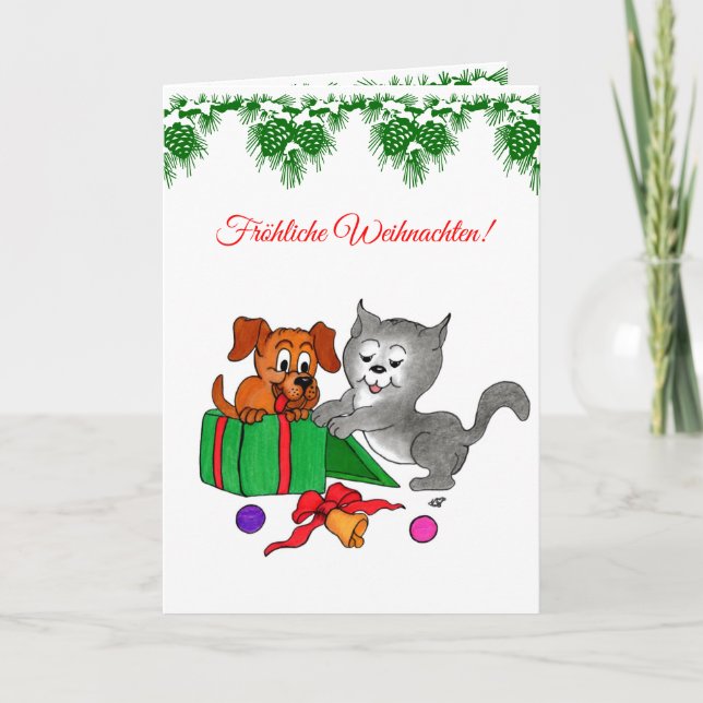Tarjeta Festiva Fröhliche Weihnachten, Hund Katze auf Deutsch (Anverso)