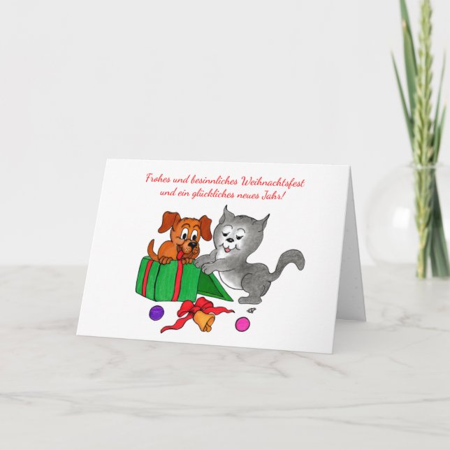 Tarjeta Festiva Fröhliche Weihnachten, Hund Katze auf Deutsch (Anverso)