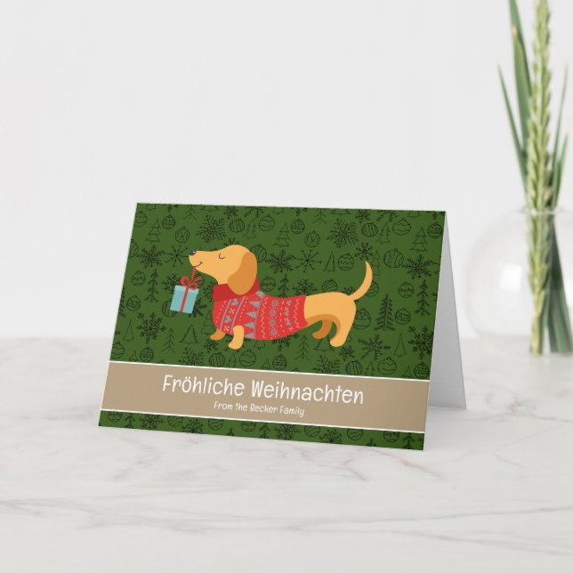 Tarjeta Festiva Fröhliche Weihnachten, lindo dachshund (Anverso)
