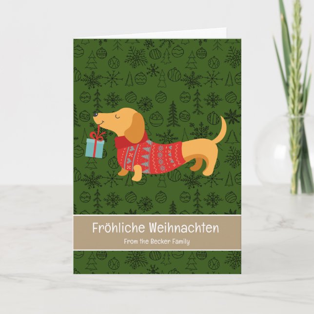 Tarjeta Festiva Fröhliche Weihnachten, lindo dachshund (Anverso)