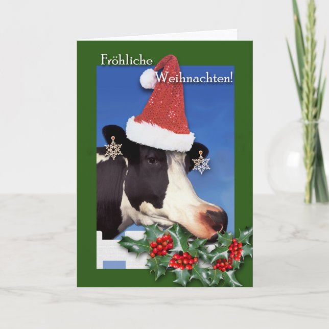 Tarjeta Festiva Frohliche Weihnachten, Navidades alemanes, vaca (Anverso)