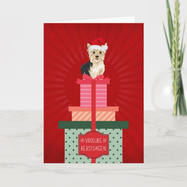 Tarjeta Festiva Frolijke Kerstdaagen Yorkie Hond Cadeautjes Kerst (Anverso)