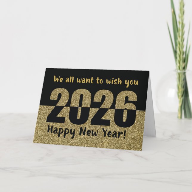 Tarjeta Festiva From All of Us Happy New Year 2026, Gold Glitter  (Anverso)