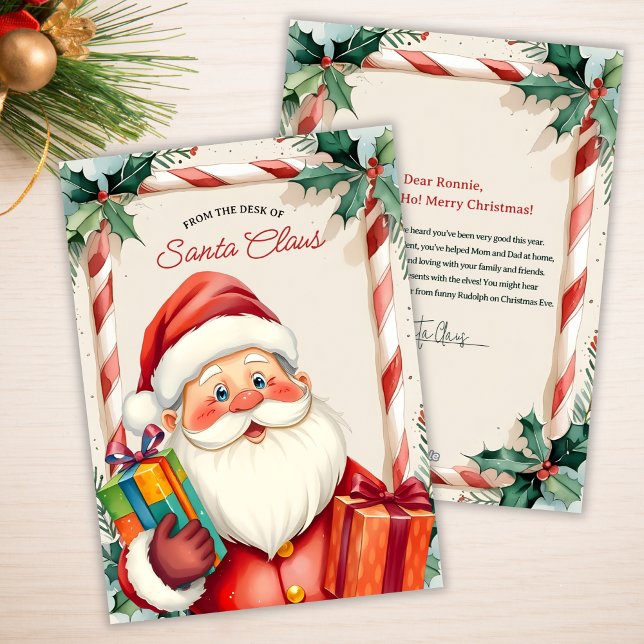 Tarjeta Festiva From the Desk of Santa Kids Christmas Note Letter (Personalized Letter from Santa – Candy Cane & Holly North Pole Stationery)