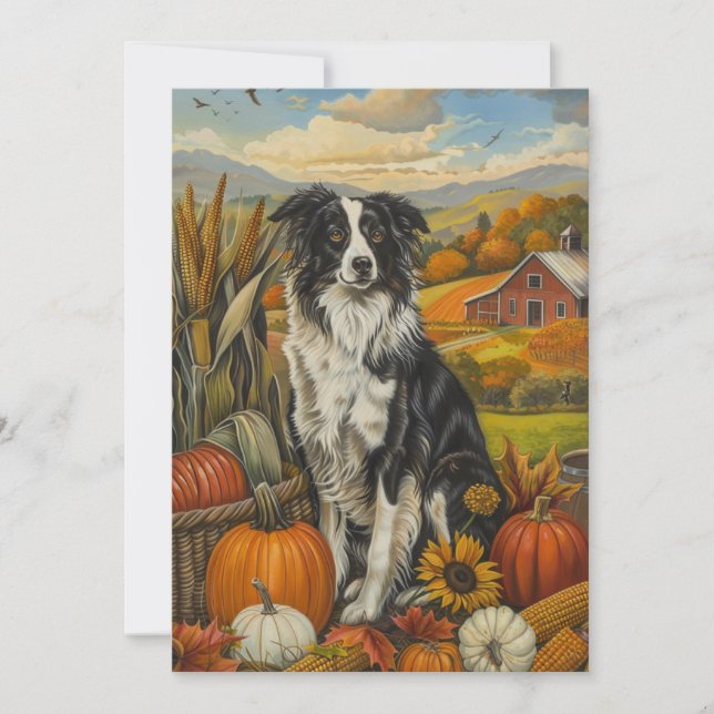 Tarjeta Festiva Frontera Collie Dog otoño Harvest Acción de Gracia (Anverso)