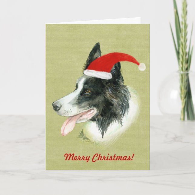 Tarjeta Festiva Frontera Collie Dog w Navidades Santa Hat (Anverso)