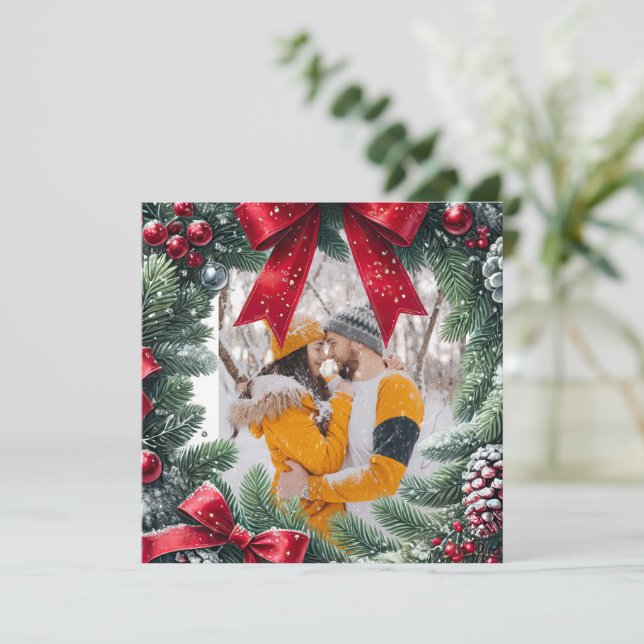 Tarjeta Festiva Frontera de fotos Evergreen para Navidades (Anverso de pie)