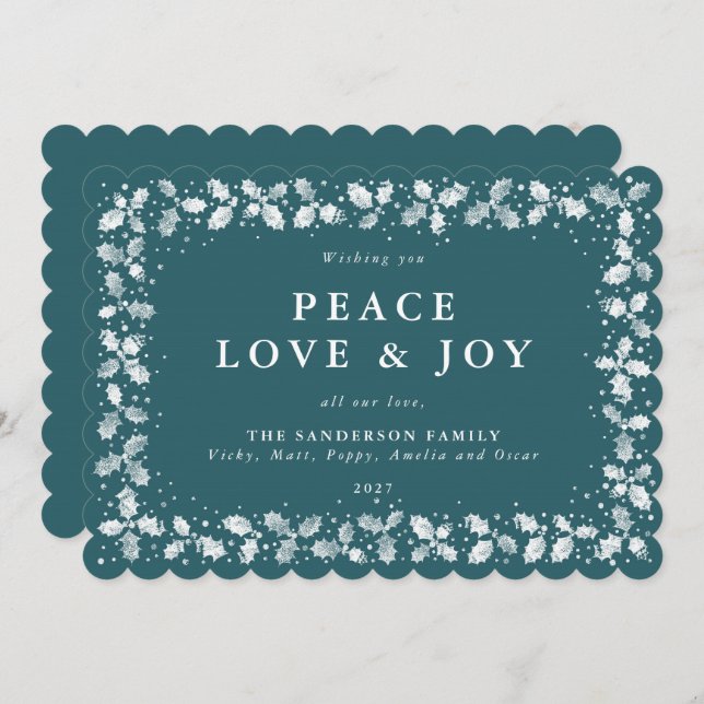 Tarjeta Festiva Frontera de hojas de acebo impresas en verde plana (Anverso / Reverso)