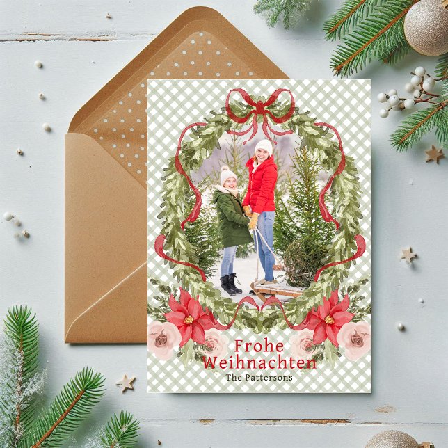 Tarjeta Festiva Frost Weihnachten Floral Bow Family Photo German (Subido por el creador)