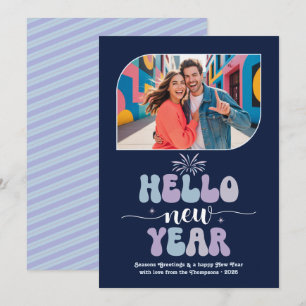 Tarjeta Festiva Frosted de medianoche Hola Año Nuevo Foto Azul Ret