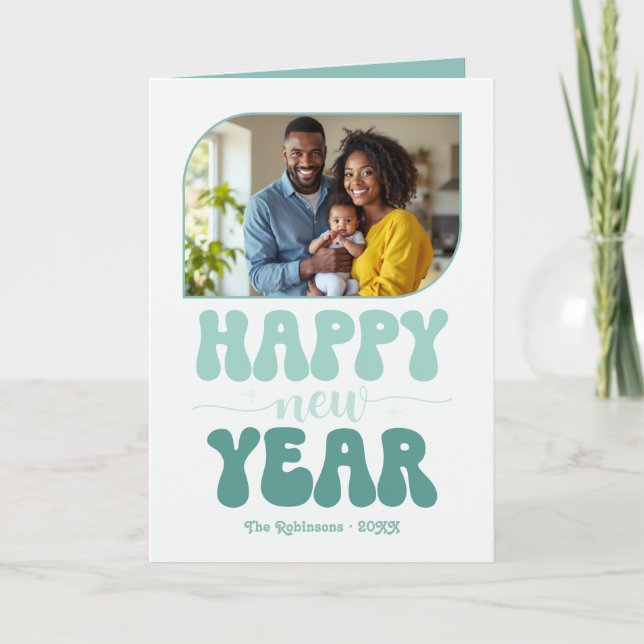 Tarjeta Festiva Frosted Mint Happy New Year Retro Groovy Photo (Anverso)