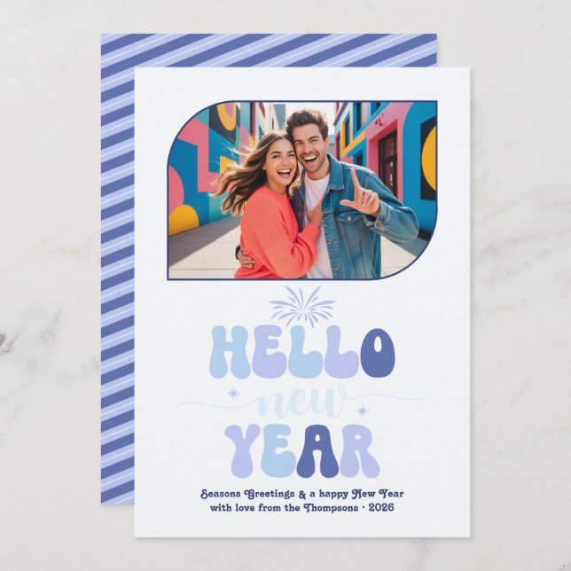 Tarjeta Festiva Frosted Sky Hello New Year Blue Retro Photo (Anverso / Reverso)