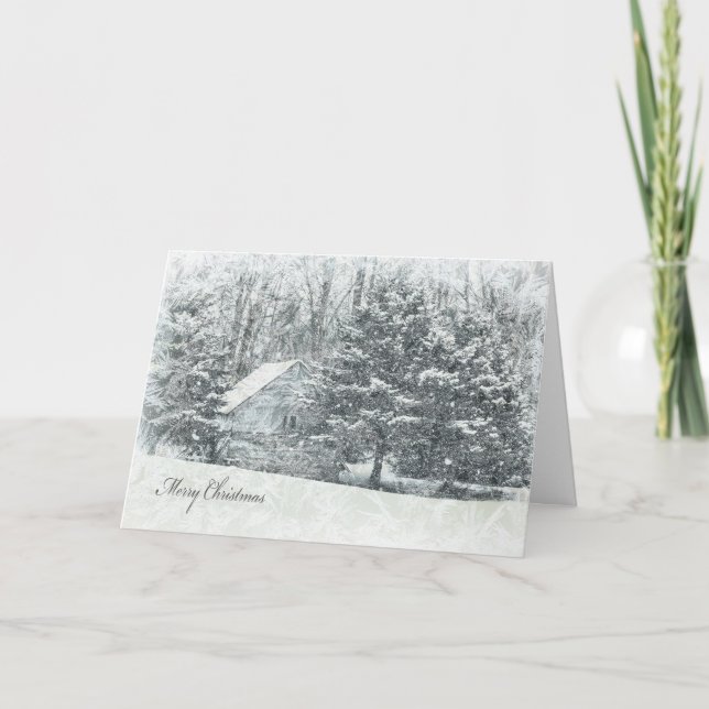 Tarjeta Festiva frosty Merry Christmas country cabin (Anverso)