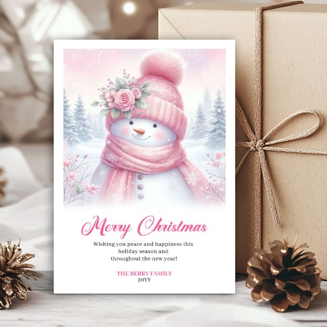 Tarjeta Festiva Frosty pink snowman kids greeting card editable (Frosty pink snowman kids greeting card editable)