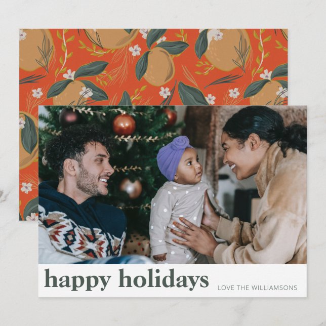 Tarjeta Festiva Fruta Botánica Elegante Rojo Verde Ancho Foto (Anverso / Reverso)