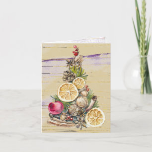 Tarjeta Festiva Frutas secas de árbol de Navidad, nueces, morado d