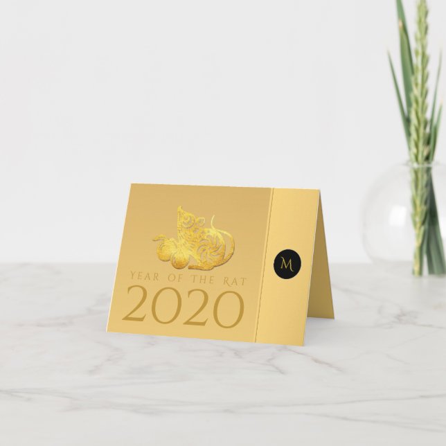 Tarjeta Festiva Frutos del Año de la Rata 2020 Elegante Monograma  (Anverso)