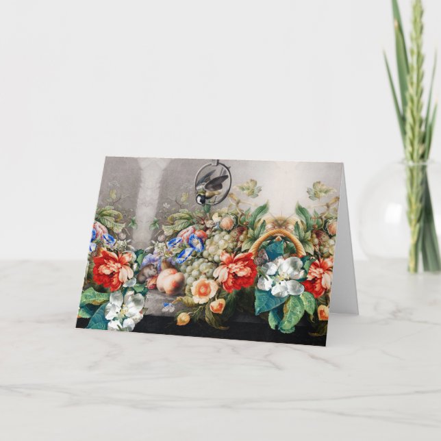 TARJETA FESTIVA FRUTOS, FLORES, TUMBONAS, PAREDES Y PÁJARO PEQUEÑO (Anverso)