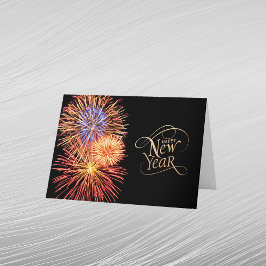 Tarjeta Festiva Fuegos Artificiales Año Nuevo Dorado