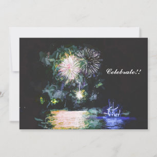 Tarjeta Festiva Fuegos artificiales celebran Año Nuevo con acuarel