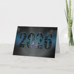 Tarjeta Festiva Fuegos artificiales de Año Nuevo 2026 con nubes
