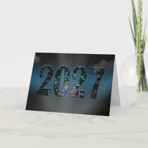 Tarjeta Festiva Fuegos artificiales de Año Nuevo 2027 con nubes