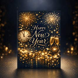 Tarjeta Festiva Fuegos Artificiales de Oro Elegantes Feliz Año Nue