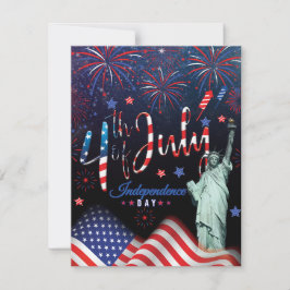 Tarjeta Festiva Fuegos Artificiales Del 4 De Julio Con La Estatua 