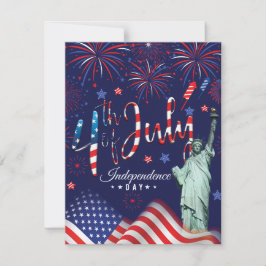 Tarjeta Festiva Fuegos Artificiales Del 4 De Julio Con La Estatua 