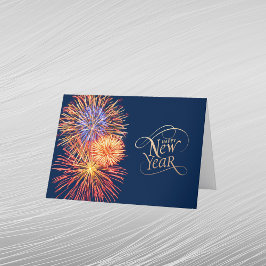 Tarjeta Festiva Fuegos Artificiales Dorado Azul Gráfico Año Nuevo