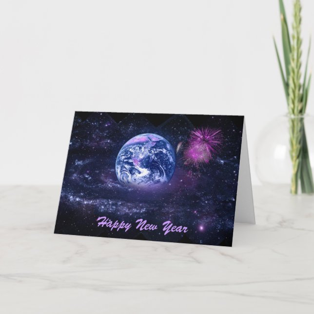 Tarjeta Festiva Fuegos artificiales en el espacio de Año Nuevo (Anverso)