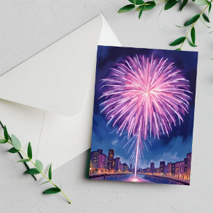 Tarjeta Festiva Fuegos Artificiales Morados Feliz Año Nuevo Acua
