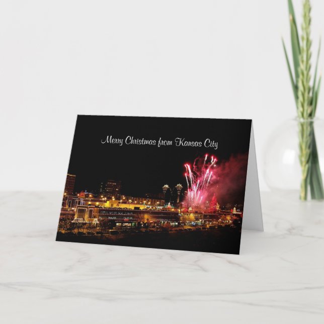 Tarjeta Festiva Fuegos artificiales navideños Luces de Kansas City (Anverso)