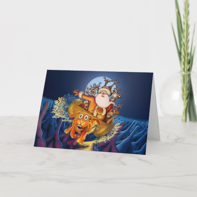Tarjeta Festiva Fuera del trineo de Santa del control con el reno (Anverso)