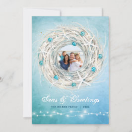 Tarjeta Festiva Fun Beach Photo Coastal Navidades Wreath