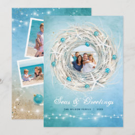 Tarjeta Festiva Fun Beach Photo Coastal Navidades Wreath