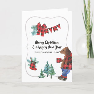 Tarjeta Festiva Fun Buffalo Plaid Lumberjack Navidades Oso Foto