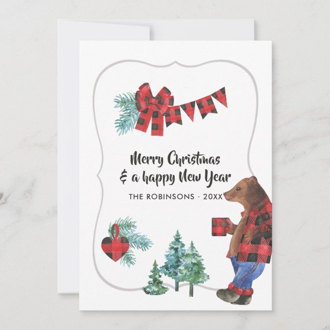 Tarjeta Festiva Fun Buffalo Plaid Lumberjack Navidades Oso Foto (Anverso)