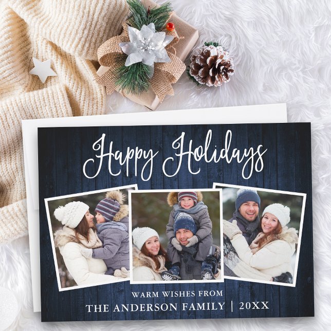 Tarjeta Festiva Fun Calligraphy Blue Wood 3 Foto (Customize to add text to back of card.)