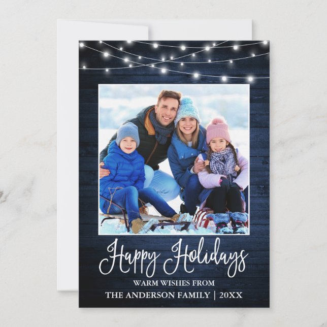 Tarjeta Festiva Fun Calligraphy Blue Wood Lights Photo (Anverso)