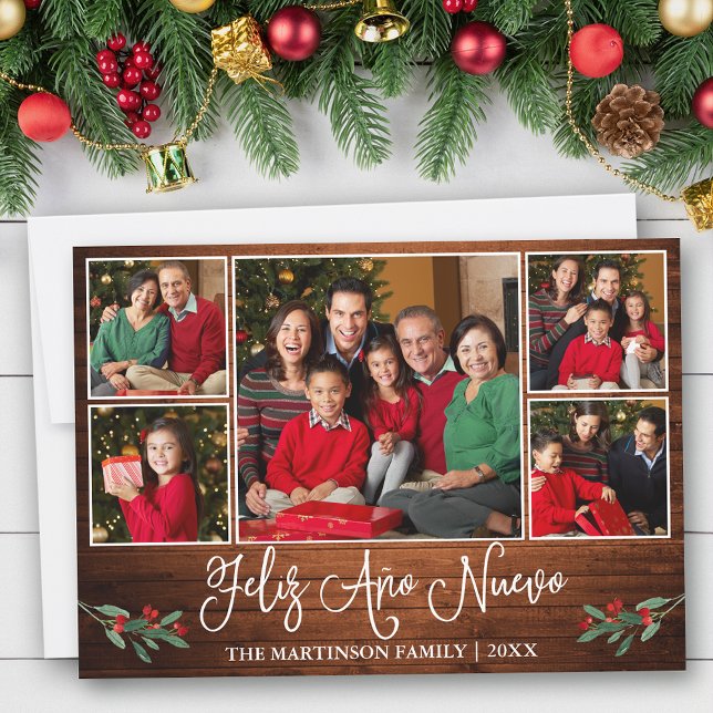 Tarjeta Festiva Fun Calligraphy Feliz Ano Nuevo Wood 5 Foto (Customize to add text to back of card.)