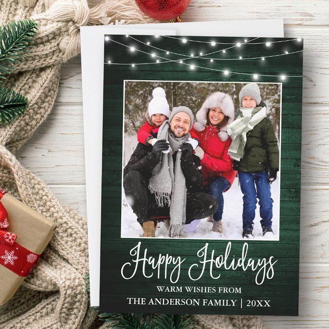 Tarjeta Festiva Fun Calligraphy Green Wood Lights Photo (Customize to add text to back of card.)