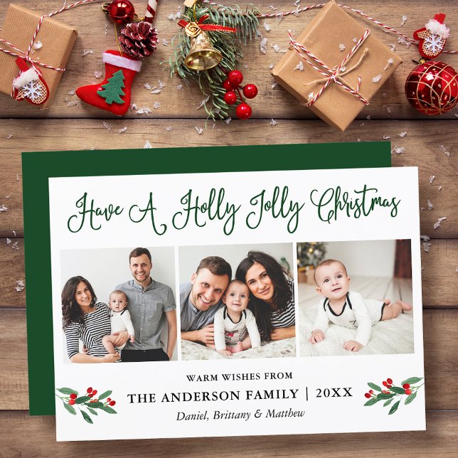 Tarjeta Festiva Fun Calligraphy Holly Jolly Navidades Berries (Customize to add text to back of card or to change color of back of card.)