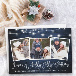Tarjeta Festiva Fun Calligraphy Holly Jolly Navidades Blue Wood