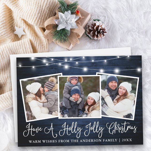 Tarjeta Festiva Fun Calligraphy Holly Jolly Navidades Blue Wood (Customize to add text to back of card.)