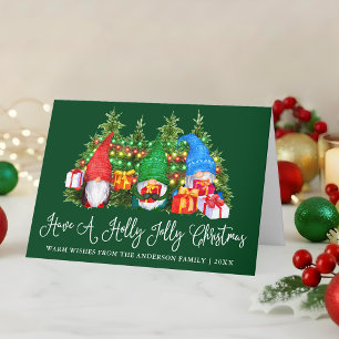 Tarjeta Festiva Fun Calligraphy Holly Jolly Navidades Gnomes Fold